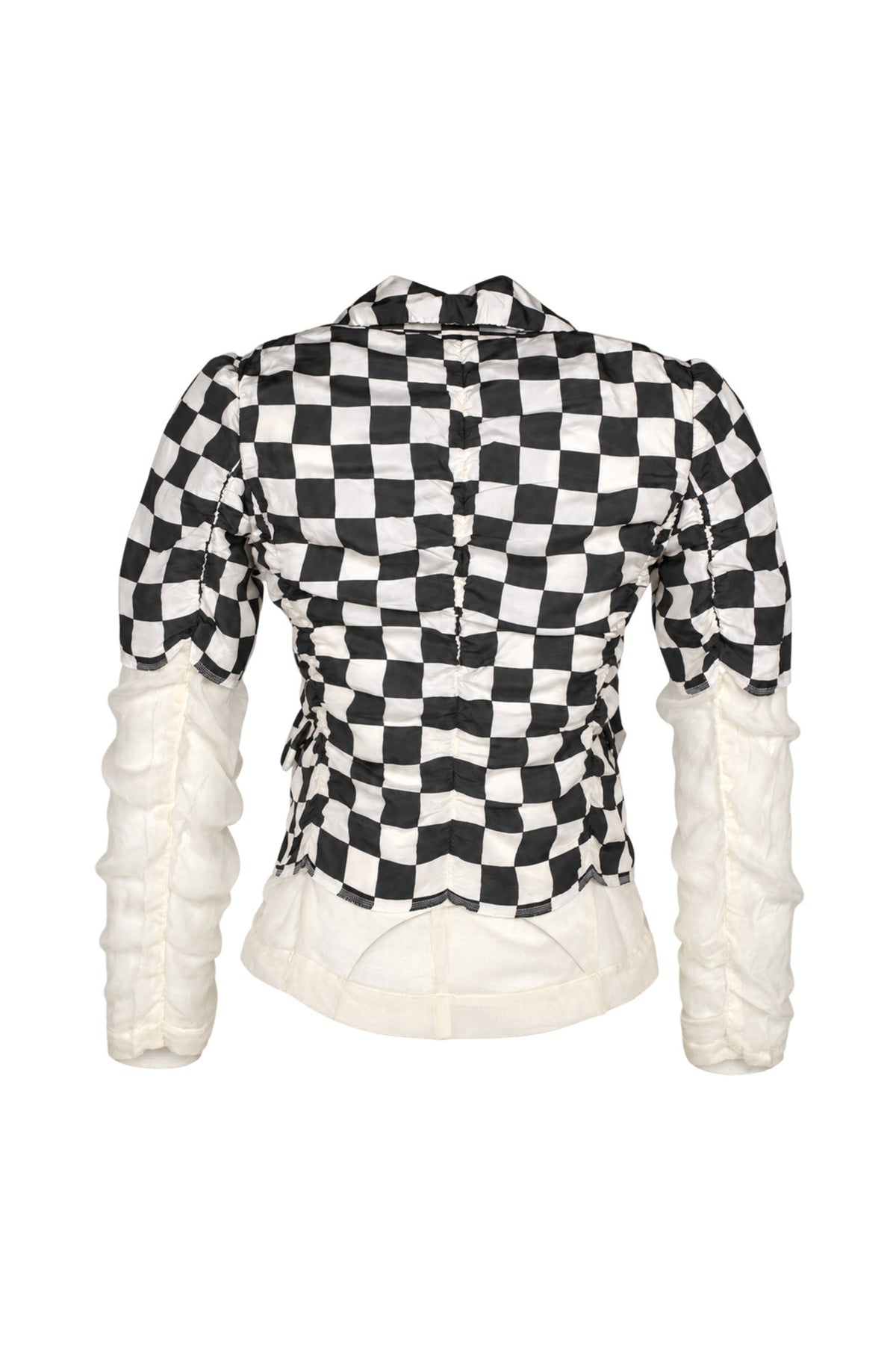 Comme des Garçons Black White Checkerboard Silk Jacket with Sheer Sleeves