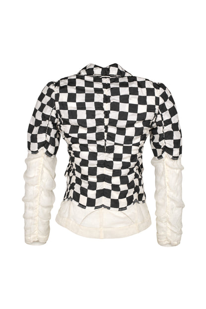 Comme des Garçons Black White Checkerboard Silk Jacket with Sheer Sleeves