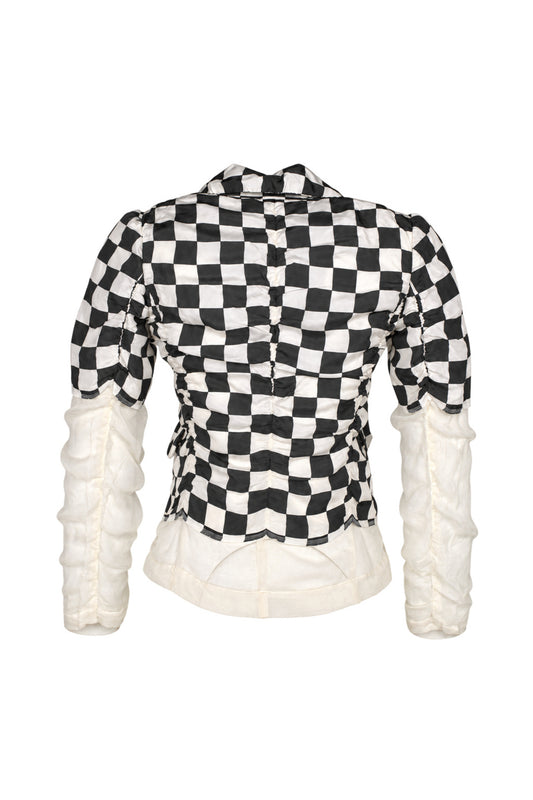 Comme des Garçons Black White Checkerboard Silk Jacket with Sheer Sleeves