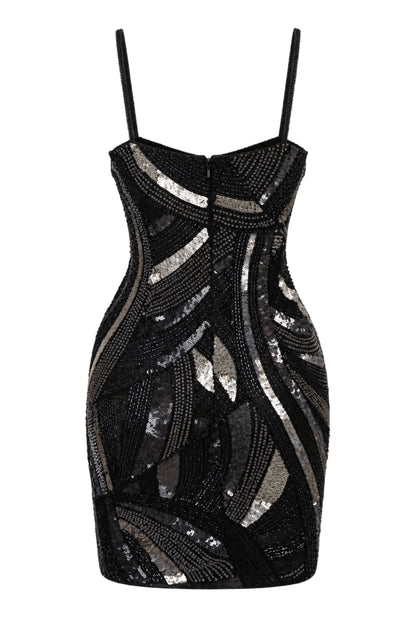 MAM Black Silver Sequin Beaded Mini Dress