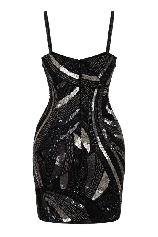 MAM Black Silver Sequin Beaded Mini Dress