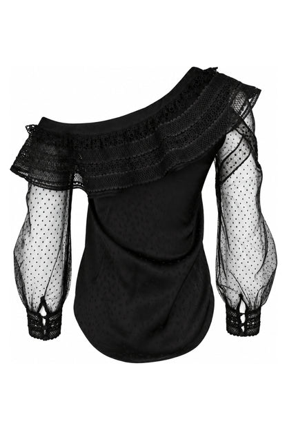 Self-Portrait Black One-Shoulder Lace and Dot Mesh Top