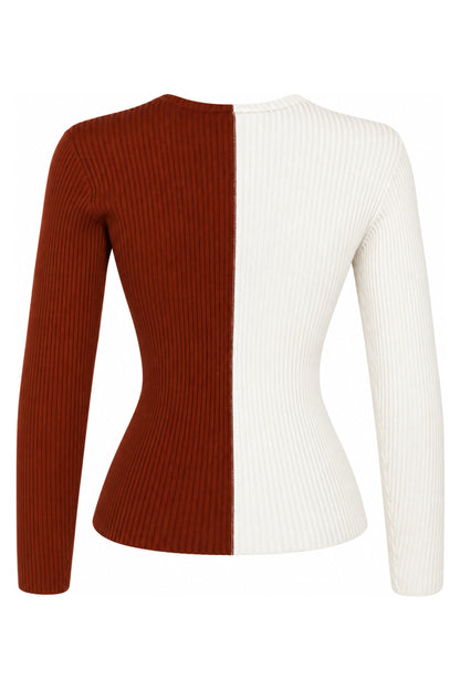 Staud Two-Tone Ivory Rust Rib Knit Cardigan