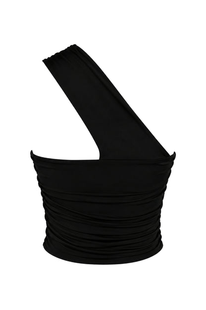 Lil & Lavantin Black Ruched One-Shoulder Crop Top