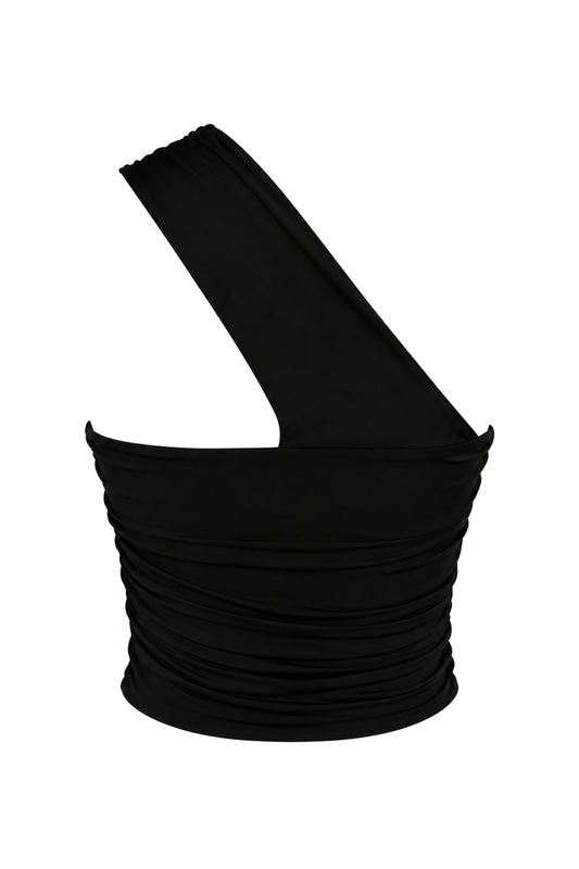 Lil & Lavantin Black Ruched One-Shoulder Crop Top