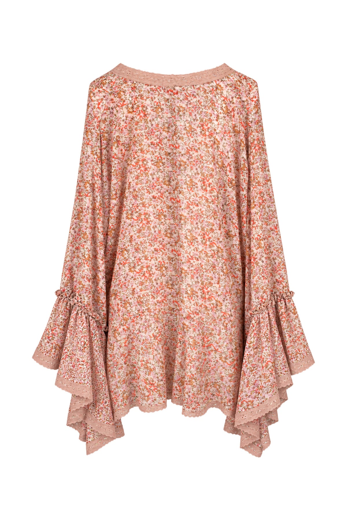 Free People Floral Chiffon Bell Sleeve Kimono Top with Crochet Trim