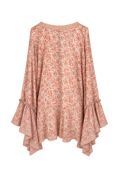 Free People Floral Chiffon Bell Sleeve Kimono Top with Crochet Trim
