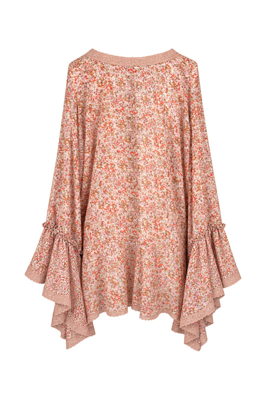 Free People Floral Chiffon Bell Sleeve Kimono Top with Crochet Trim