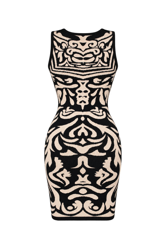 Forever 21 Black Beige Jacquard Knit Bodycon Mini Dress