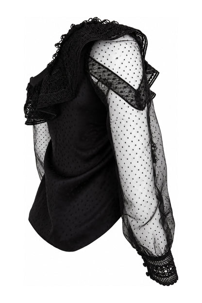 Self-Portrait Black One-Shoulder Lace and Dot Mesh Top