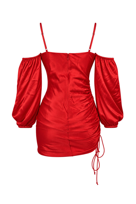 Cinq à Sept Red Satin Ruched Off-Shoulder Mini Dress