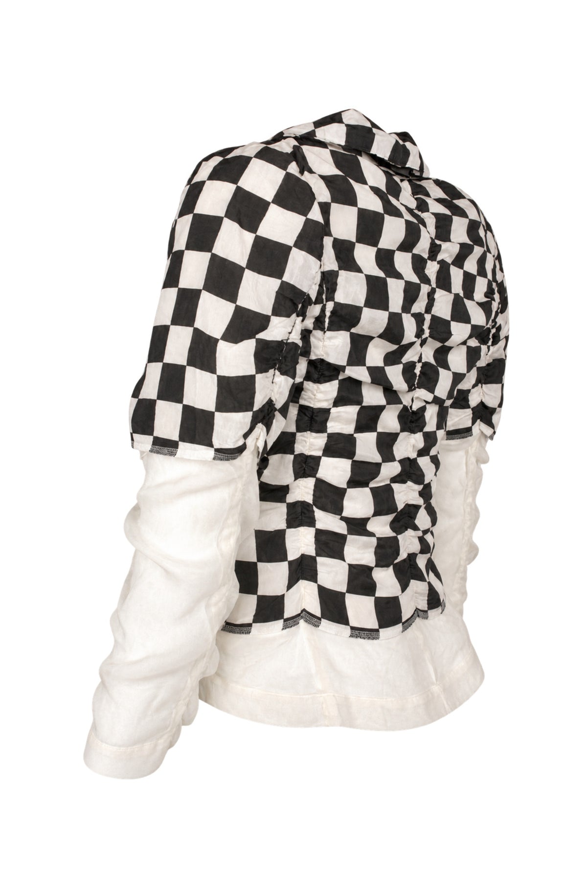 Comme des Garçons Black White Checkerboard Silk Jacket with Sheer Sleeves