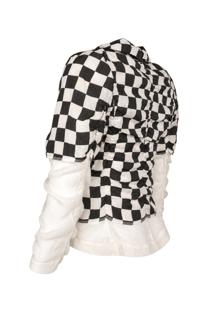 Comme des Garçons Black White Checkerboard Silk Jacket with Sheer Sleeves