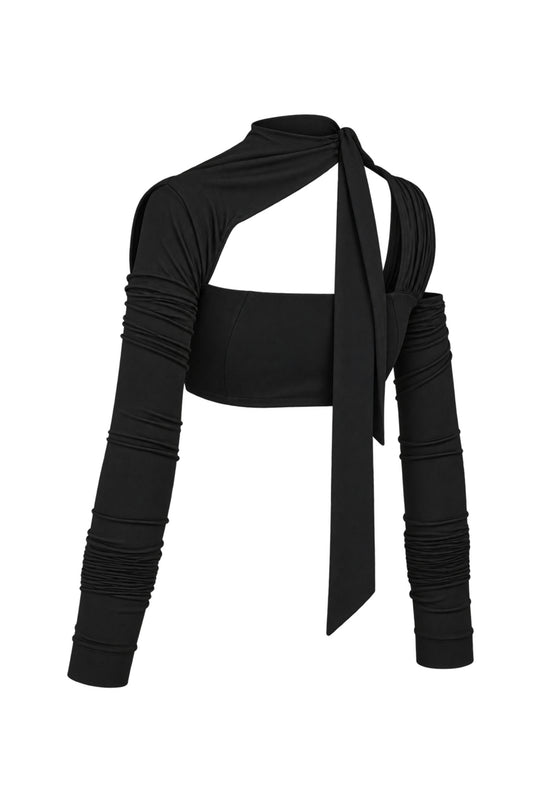 Cup of Stars Black Strappy Cut-Out Long Sleeve Crop Top