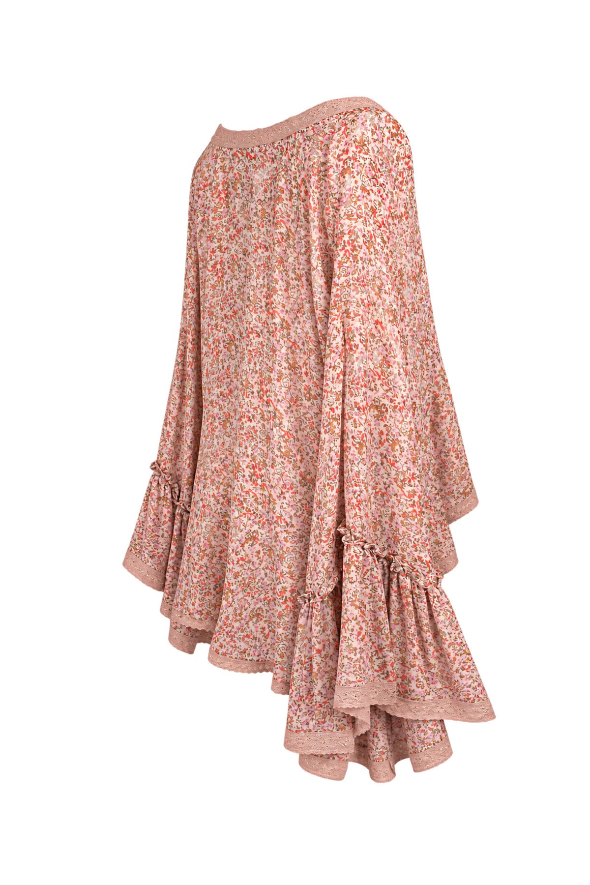 Free People Floral Chiffon Bell Sleeve Kimono Top with Crochet Trim