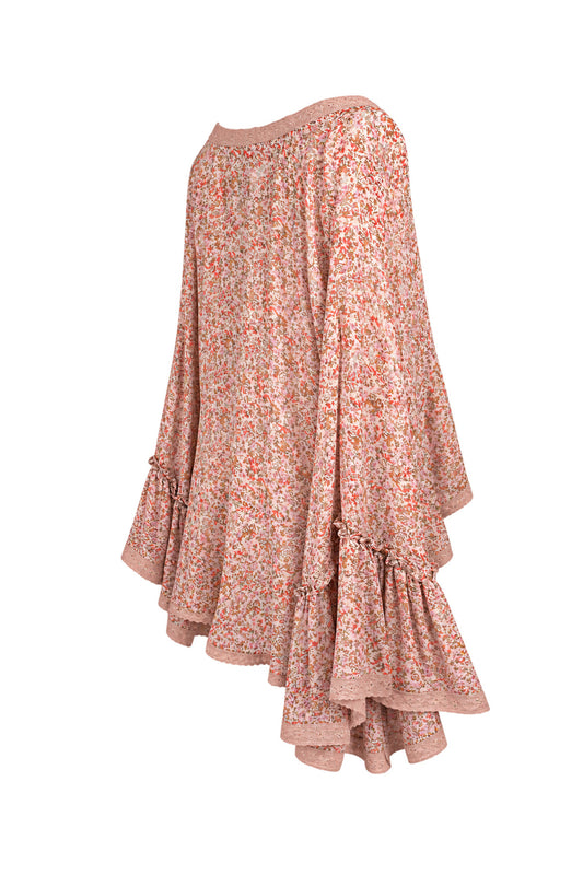 Free People Floral Chiffon Bell Sleeve Kimono Top with Crochet Trim