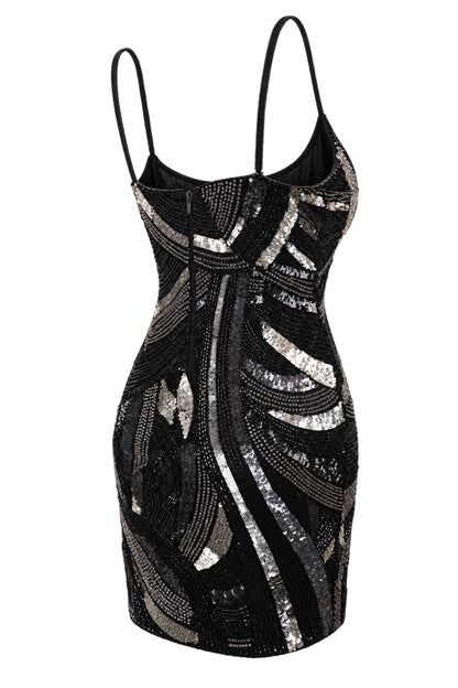 MAM Black Silver Sequin Beaded Mini Dress