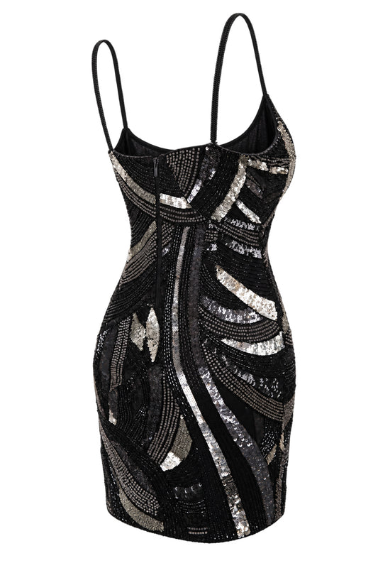 MAM Black Silver Sequin Beaded Mini Dress