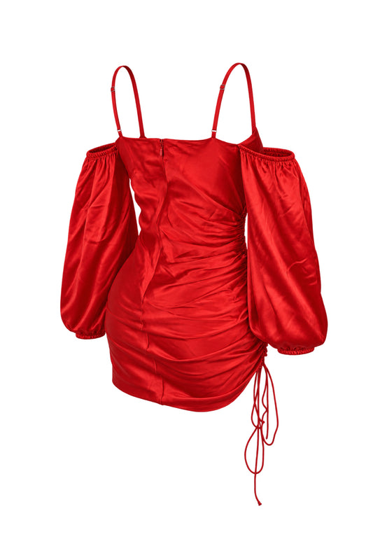 Cinq à Sept Red Satin Ruched Off-Shoulder Mini Dress