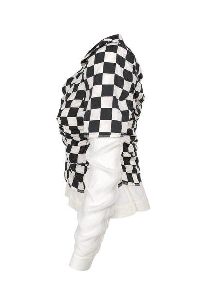 Comme des Garçons Black White Checkerboard Silk Jacket with Sheer Sleeves