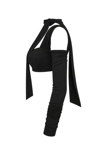 Cup of Stars Black Strappy Cut-Out Long Sleeve Crop Top