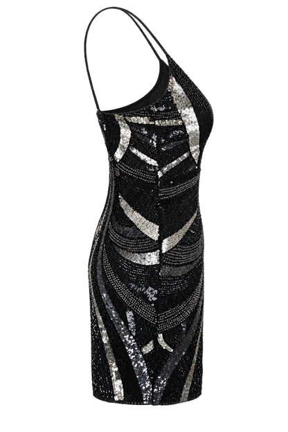 MAM Black Silver Sequin Beaded Mini Dress