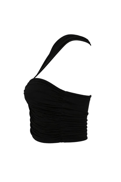 Lil & Lavantin Black Ruched One-Shoulder Crop Top