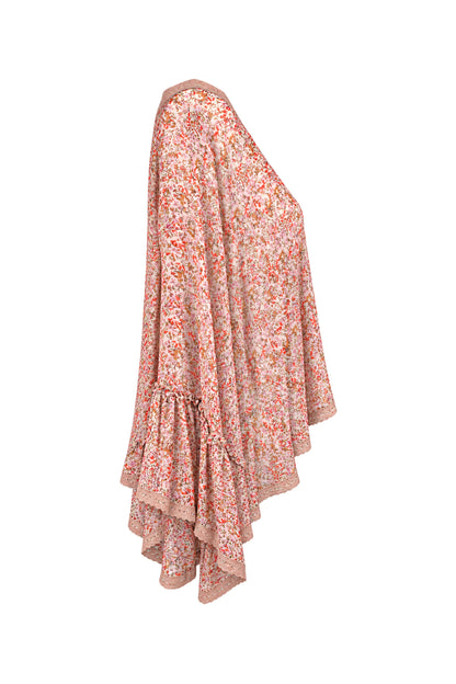 Free People Floral Chiffon Bell Sleeve Kimono Top with Crochet Trim