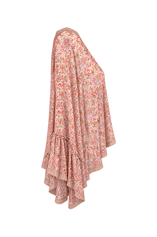 Free People Floral Chiffon Bell Sleeve Kimono Top with Crochet Trim