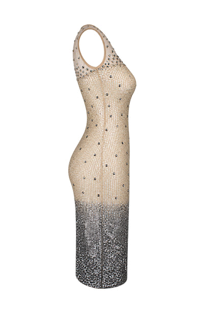 French Connection Nude Sequin Embellished Mesh Bodycon Dress