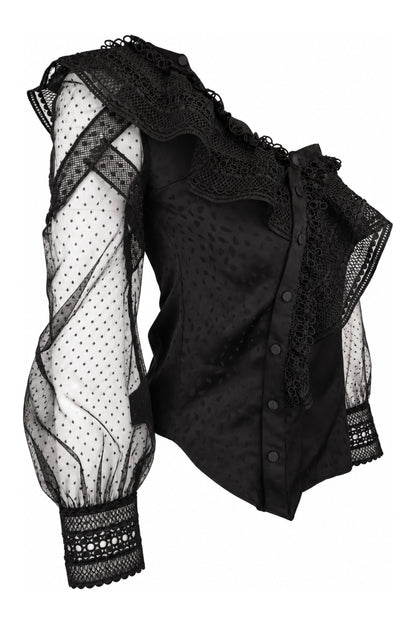 Self-Portrait Black One-Shoulder Lace and Dot Mesh Top