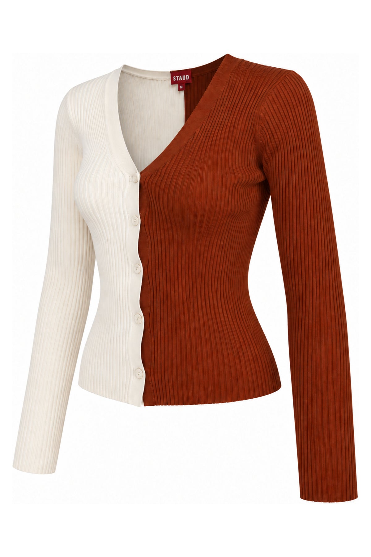 Staud Two-Tone Ivory Rust Rib Knit Cardigan
