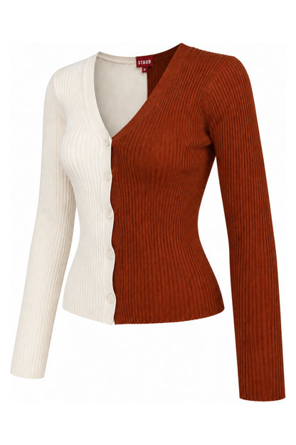 Staud Two-Tone Ivory Rust Rib Knit Cardigan