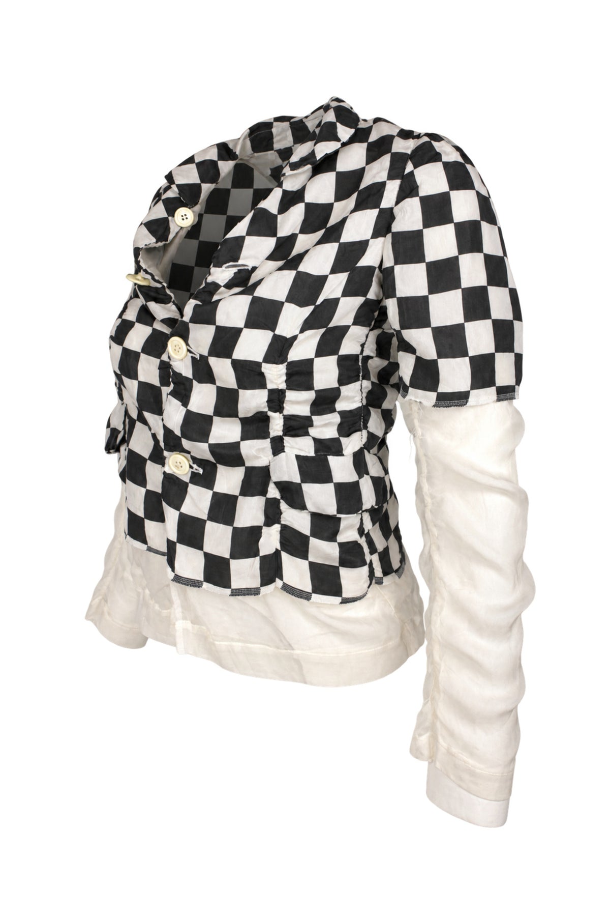 Comme des Garçons Black White Checkerboard Silk Jacket with Sheer Sleeves