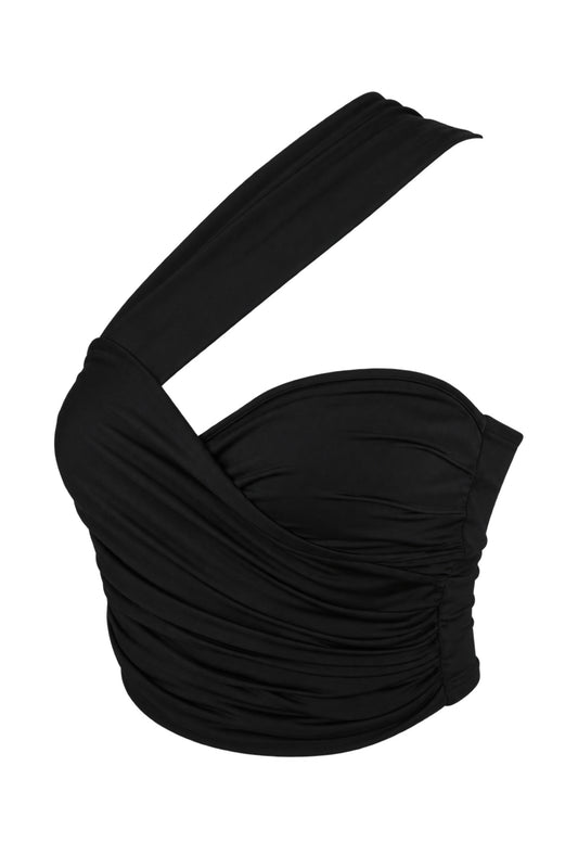 Lil & Lavantin Black Ruched One-Shoulder Crop Top