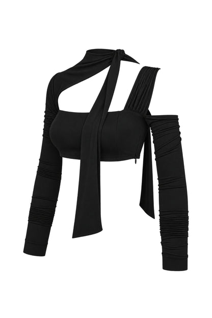 Cup of Stars Black Strappy Cut-Out Long Sleeve Crop Top