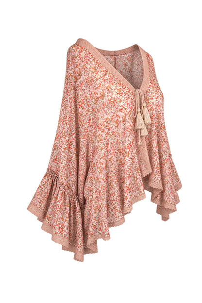 Free People Floral Chiffon Bell Sleeve Kimono Top with Crochet Trim