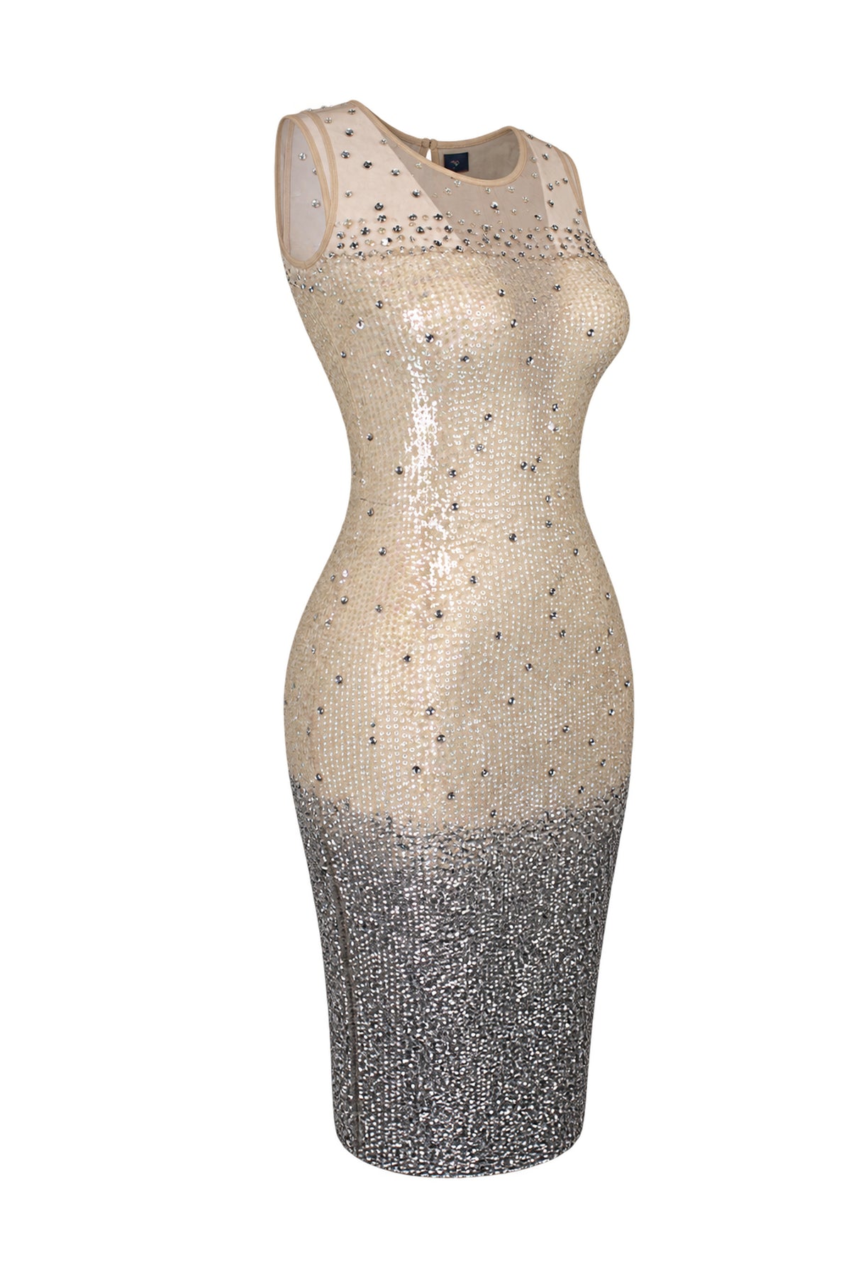 French Connection Nude Sequin Embellished Mesh Bodycon Dress