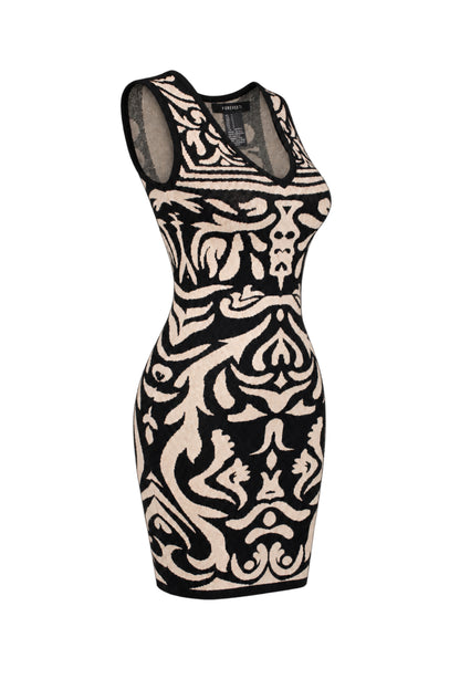 Forever 21 Black Beige Jacquard Knit Bodycon Mini Dress