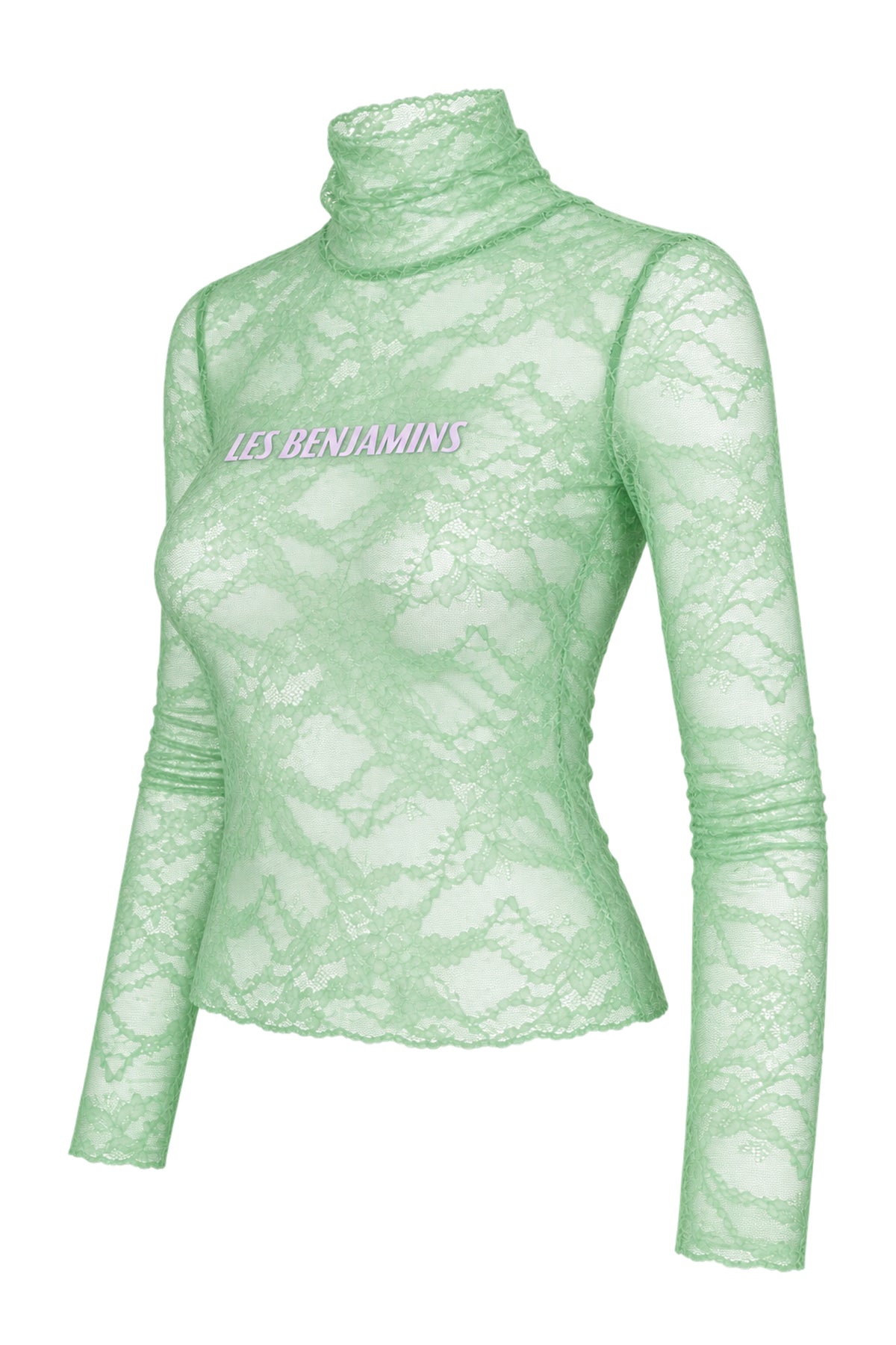 Les Benjamins Mint Green Lace Logo Turtleneck Top