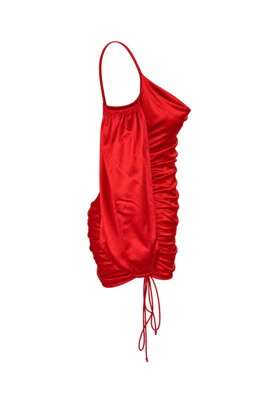 Cinq à Sept Red Satin Ruched Off-Shoulder Mini Dress