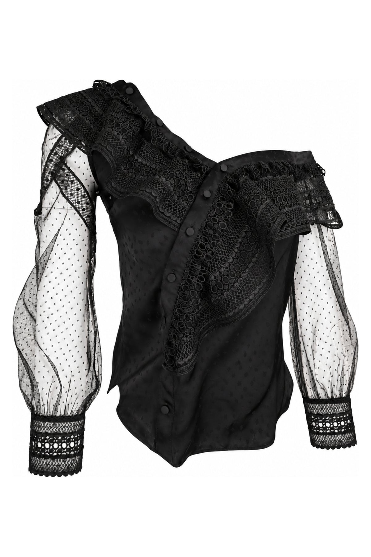 Self-Portrait Black One-Shoulder Lace and Dot Mesh Top