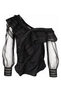 Self-Portrait Black One-Shoulder Lace and Dot Mesh Top