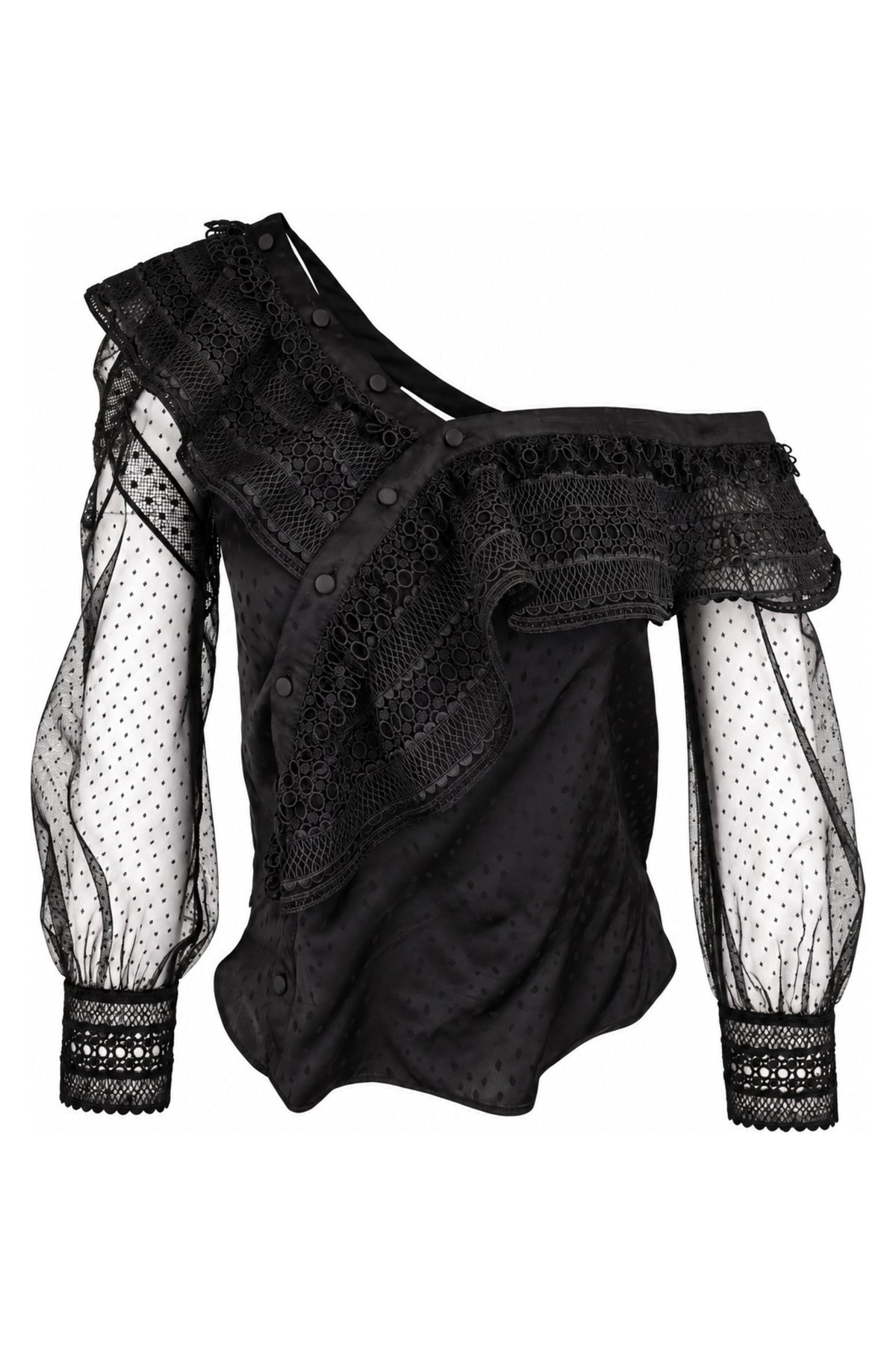 Self-Portrait Black One-Shoulder Lace and Dot Mesh Top