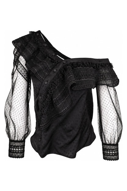 Self-Portrait Black One-Shoulder Lace and Dot Mesh Top