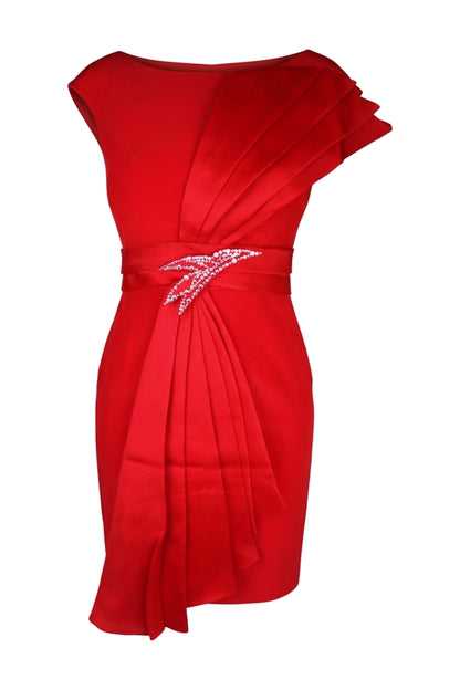 Red Pleated Shoulder Draped Cocktail Dress