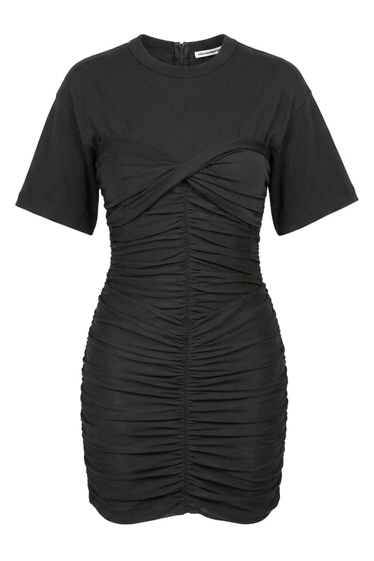 Alexander Wang Black Ruched Short-Sleeve Mini Dress