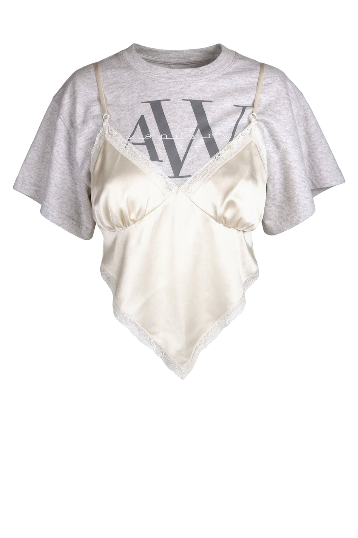 Alexander Wang Grey Marl Logo T-Shirt with Ivory Satin Slip
