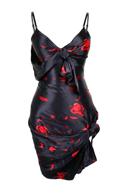 Alexander Wang Black Red Rose Print Satin Mini Slip Dress