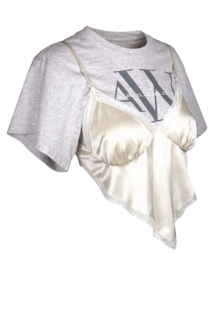 Alexander Wang Grey Marl Logo T-Shirt with Ivory Satin Slip